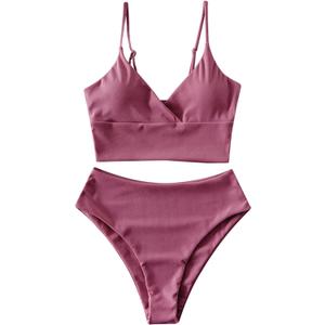 ZAFUL Women Tankini Set, Ribbed High Cut Surplice Swimsuit Bathing Suit with Spaghetti Straps (Small, 0-pale Violet Red-surplice)