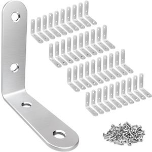 LuckIn 40 Pcs L Bracket Stainless Steel Corner Brace Sets, 90 Degree Right Angle Shelf Brackets with Screws for Wood Furniture, Chairs, Table, 50mm x 50mm, Silver, 2 Inch