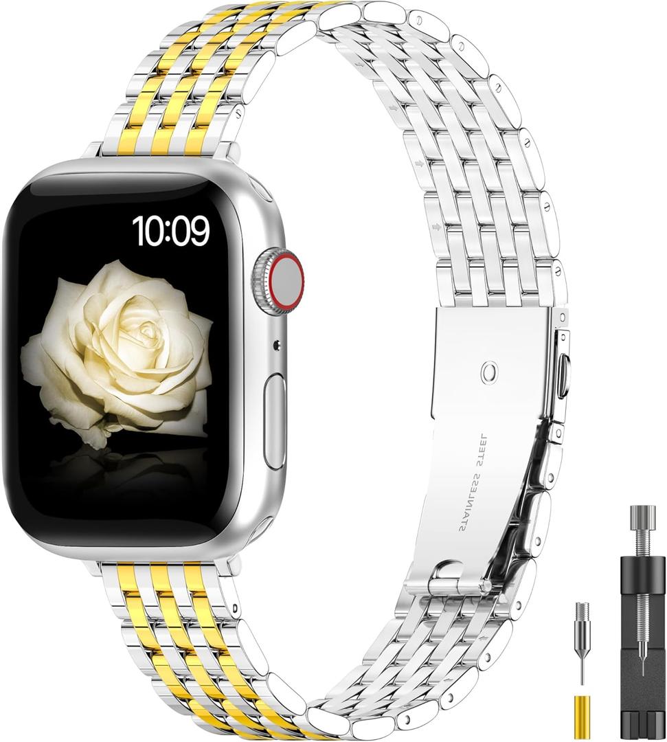 for Apple Watch Band 38mm 40mm 41mm 42mm 44mm 45mm Series 9 8 7 6 5 4 3 2 1 SE SE2 Women and Men,Classic Stainless Steel Metal Watchband for iWatch Bands,Pretty Shiny Look (Shiny Silver Gold-Tri Gold)