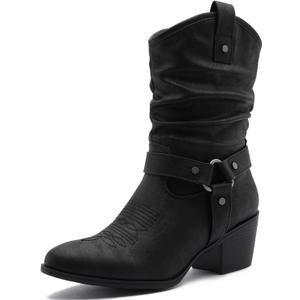 GLOBALWIN Women's Mid Calf The Western Cowgirl Boots Fashion Cowboy Boots For Women Chunky Low Heel (7.5, 19yy17 Black2)