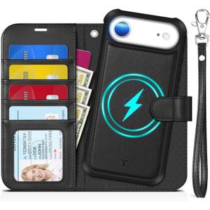TUCCH 2-in-1 Detachable Wallet Case for iPhone Air (6.5") 2025, Wireless Charging | RFID Blocking 4 Card Holders | Wrist Strap | Kickstand | Magnetic | PU Leather | Protective Flip Cover | Black