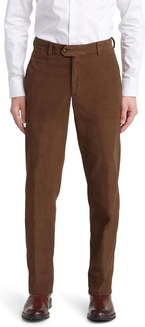 Men's Classic Fit Stretch Corduroy Dress Pants Expandable Waist Flat-Front Comfort Casual Slacks (30W x 30L, Burgundy)