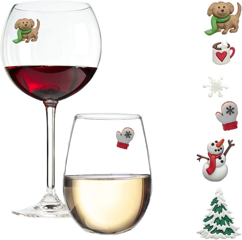 Wine Charms and Magnetic Glass Markers Fun for Winter with Snowman, Snowflake, Puppy Dog and more - Set of 6