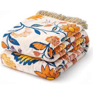100% Cotton Boho Throw Blanket for Home Decor Classic Farmhouse Quilt Bedding, Muslin Blankets for Adults, Vintage Woven Decorative Blanket for Couch, Bed Layering Use, Botanic Floral, 90"x90", Queen