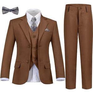 Boys Formal Suit Set Kids Tuxedo Suits for Boys Easter Wedding Outfit with Ties and Pocket Square 4 Pcs Set 5T, Brown