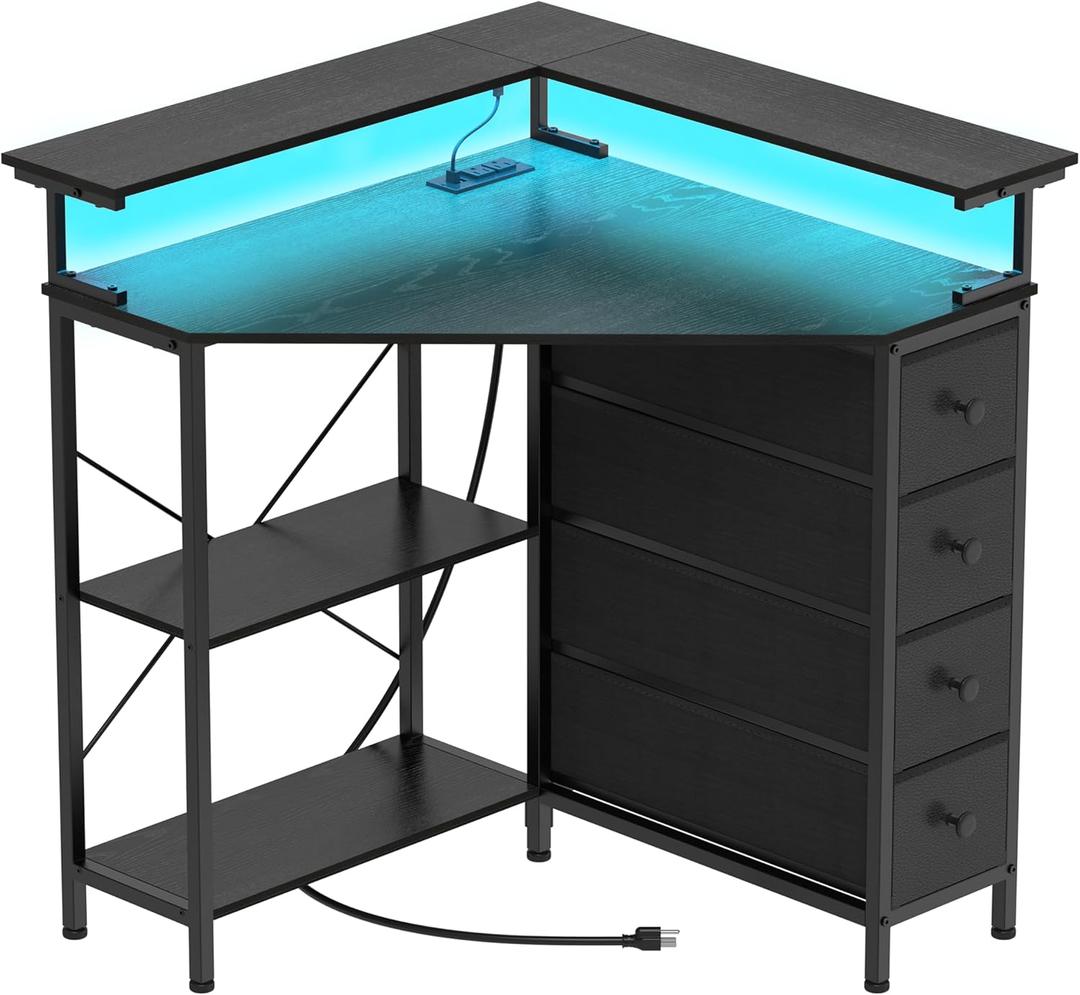 VENNQD Corner Desk with Drawers Shelves for Small Space 90 Degrees Triangle Computer Desk with Power Outlets,Gaming Desk with LED Lights Monitor Stand for Home Office Workstation Writing Table (Black)