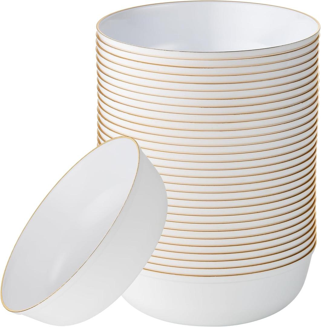 [30 Pack 16 OZ Bowls] Edge Collection White with Gold Rim Plastic Party Soup Bowls Premium heavyweight Elegant Disposable Tableware Dishes