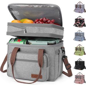 Maelstrom 23L Insulated Lunch Box For Men Women,Expandable Double Deck Lunch Cooler Bag,Lightweight Leakproof Tote Bag With Side Tissue Pocket,Gray