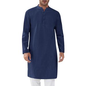 Runcati Mens Kaftan Thobe Textured Henley Shirt Long Sleeve Robe Casual Muslim Gown Shirt (Blue) M