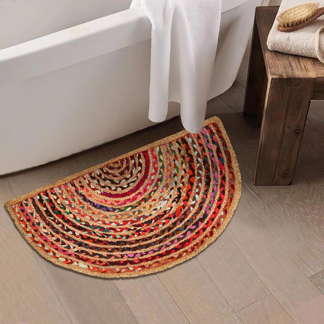 Boho Braided 1.5x3 Area Rug - Jute Chindi Half Circle Rug for Living Room Entryway, Farmhouse, Home Dcor, Indoor Rugs Jute Door mat for Bathroom, Kitchen (Multi Natural, 1.5 X 3 ft)