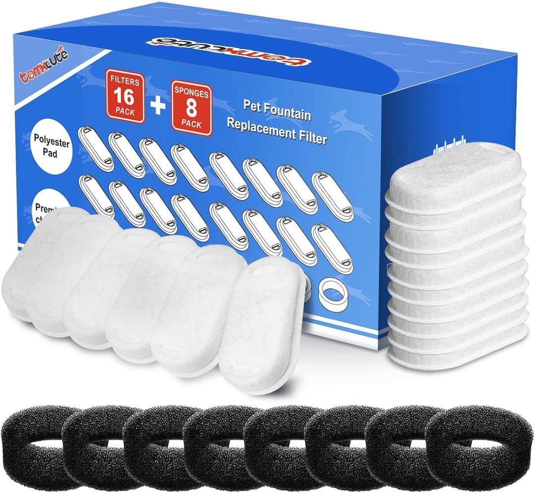 Official Tomxcute Cat Water Fountain Replacement Filters - 16 Pack Cat Fountain Filter for 3.2L/108oz & 4L/135oz Pet Water Fountain, Three-Layer Filtration Replacement Filters(16+8 Pack), 8 Month Set
