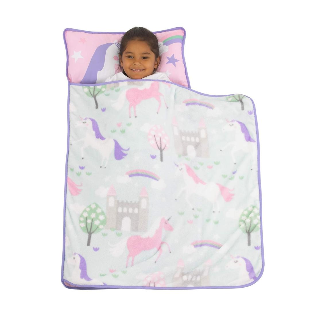 Pink and Aqua Unicorn Toddler Nap Mat with Pillow and Blanket