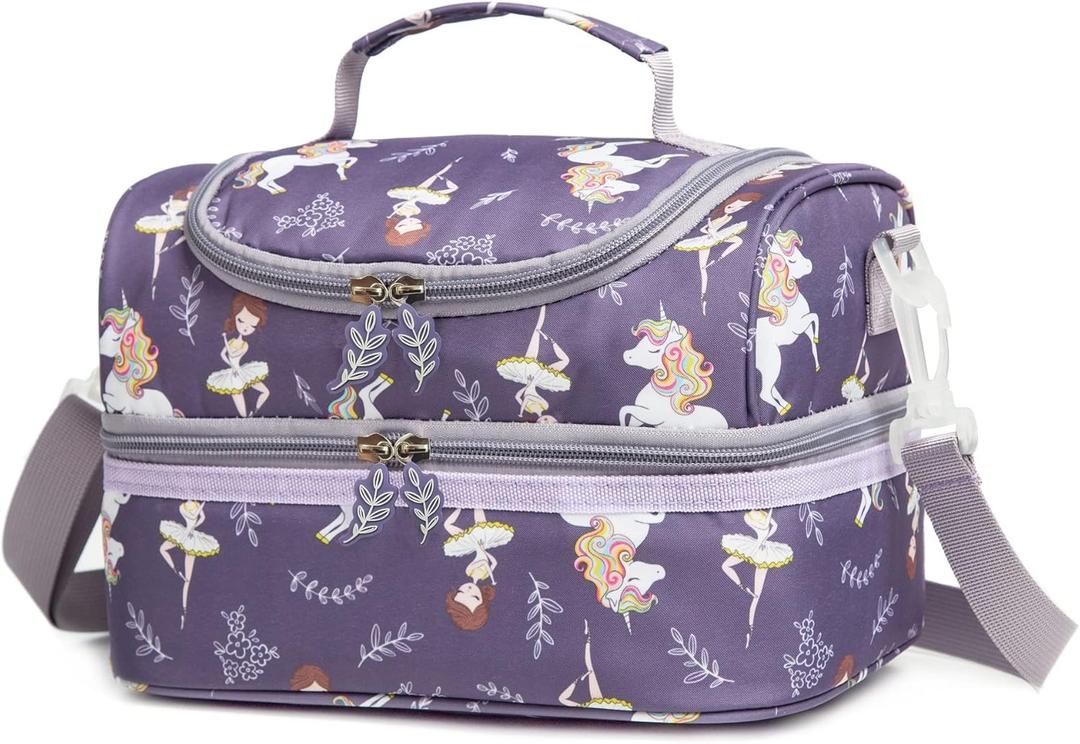 Insulated Kids Dual Compartment Lunch Bag Tote Pack for Girls Boys Toddler Kindergarten School Picnic Food Cooler Hot Water Ice with Strap (Ballet Dancer)