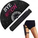 FairySandy Large Rave Fan UV Glow Hand Fan with Thigh Holster for Women Carnival Disco Party Supplies for Carnival Edm Music Festival Club Accessories Performance(Stylish Style,Black)