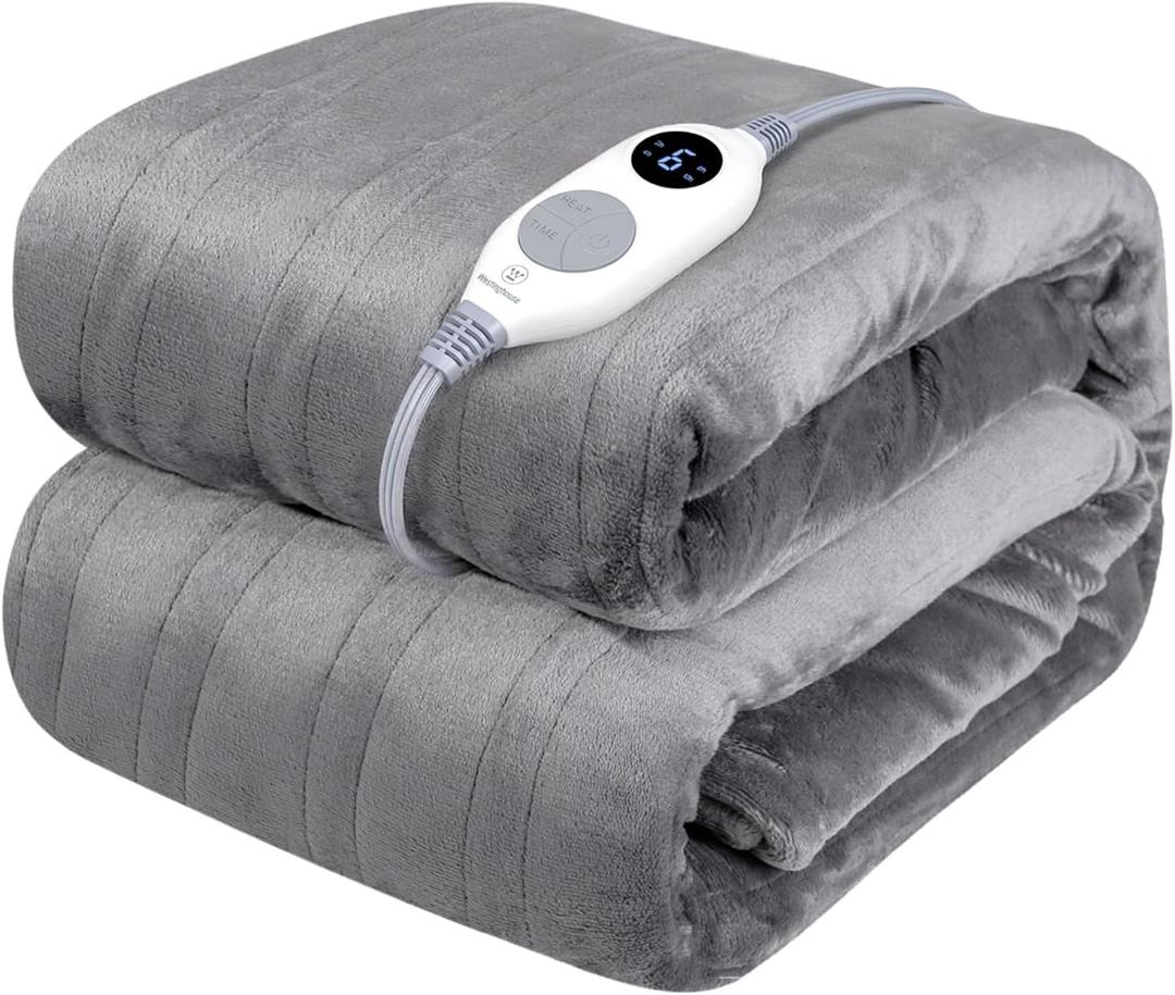 Westinghouse Electric Blanket Heated Throw, Super Cozy Soft Flannel 50"" x 60"" Heated Throw with 6 Fast Heating Levels & 2-10 Auto-Off, Machine Washable, ETL&FCC Certification, Light Grey