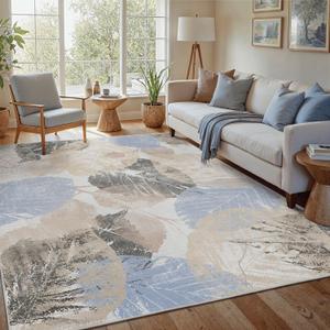 GENIMO Modern Botanical Area Rugs 8x10, Natural Leaf Pattern Indoor Living Room Rug, Ultra-Thin Washable Rug with Non Slip Backing, Print Low Pile Soft Carpet for Bedroom, Dining Room, Blue/Beige