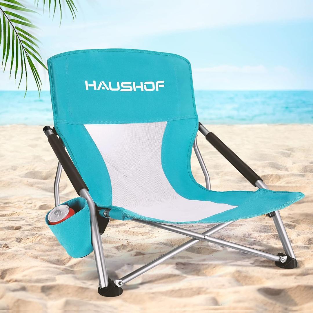 HAUSHOF Low Beach Chair, Mesh Back Folding Chair, Lightweight Low Seat Camping Chairs with Cup Holder, Carry Bag, Padded Armrest, for Outdoor Beach Lawn Camping Picnic Festival (25.5D x 22.4W x 23.6H in)