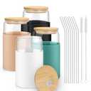 Sungwoo Glass Cups with Lids and Straws, 3 Pack 16OZ Iced Coffee Cups with Silicone Sleeve, Glass Tumbler with Straw and Bamboo Lid, Home Essential Drinking Set for Juice, Cocktail and Latte