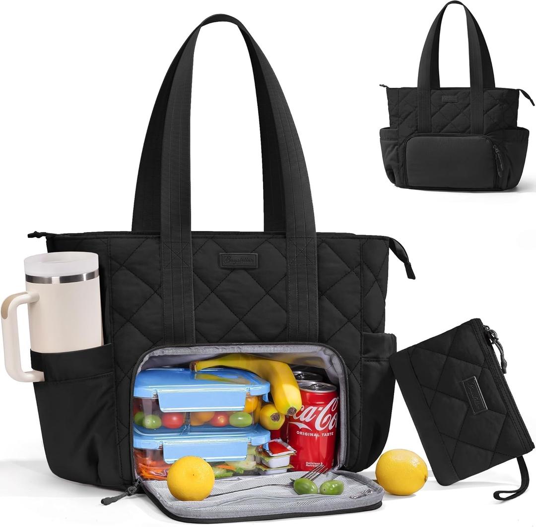 Puffer Lunch Tote Bag for Women, 15.6 Inch Laptop Work Bag with Insulated Lunch Compartment & Large Cup Holder, Lightweight Quilted Puffy Lunch Box Purse for Teacher Nurse Travel Office Daily School (Black)