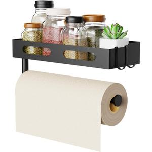 Paper Towel Holder Wall Mount for Kitchen, Paper Towel Holder with Shelf for Bathroom, RV Paper Towel Rack, Spice Rack with 2 Hooks, Matte Black