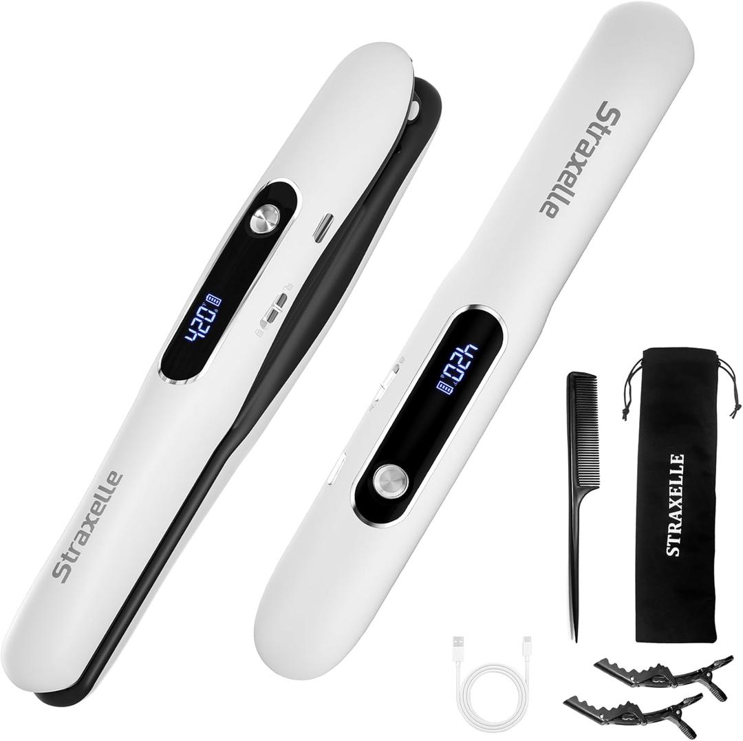 Mini Cordless Hair Straighteners and Curler,5000mAh Rechargeable Travel Straighteners Cordless with LED Display,2 in 1 Portable Flat Iron Hair Straightener 3 Temp Levels for Fine to Thick Hair (White)