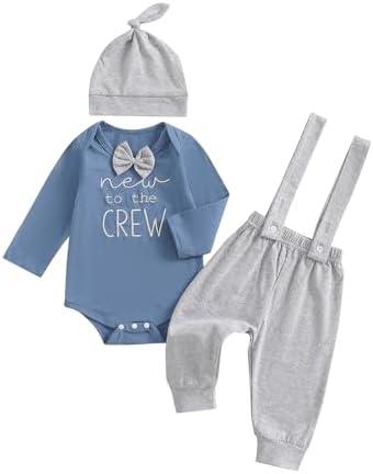 mlpeerw Newborn Baby Boy Clothes New To The Crew Outfits Long Sleeve Romper And Pants Hat Baby Coming Home Outfit 0-3M
