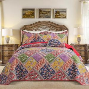 BEDIFANY Cotton King Quilt Set - Vintage Farmhouse Bedspread with Vibrant Floral Pattern, 3-Piece Lightweight Coverlet (98x106 Inch) + 2 Pillow Shams, All Seasons Multicolor Quilt Bedding Set
