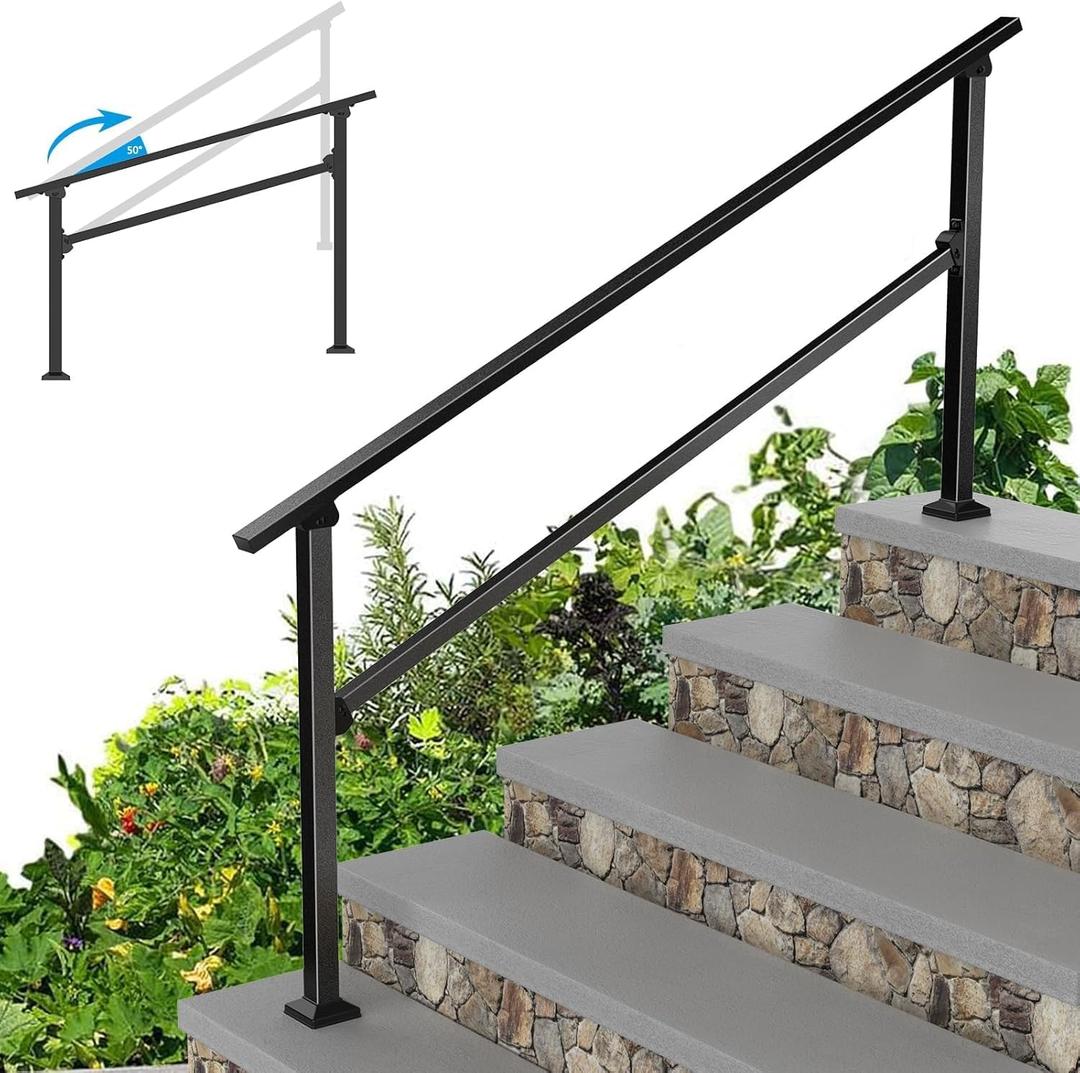 Heavy Duty Metal Handrails for Outdoor Steps - Exterior Hand Rails for Concrete Steps Outside Metal Stair Railing Porch 5 Step
