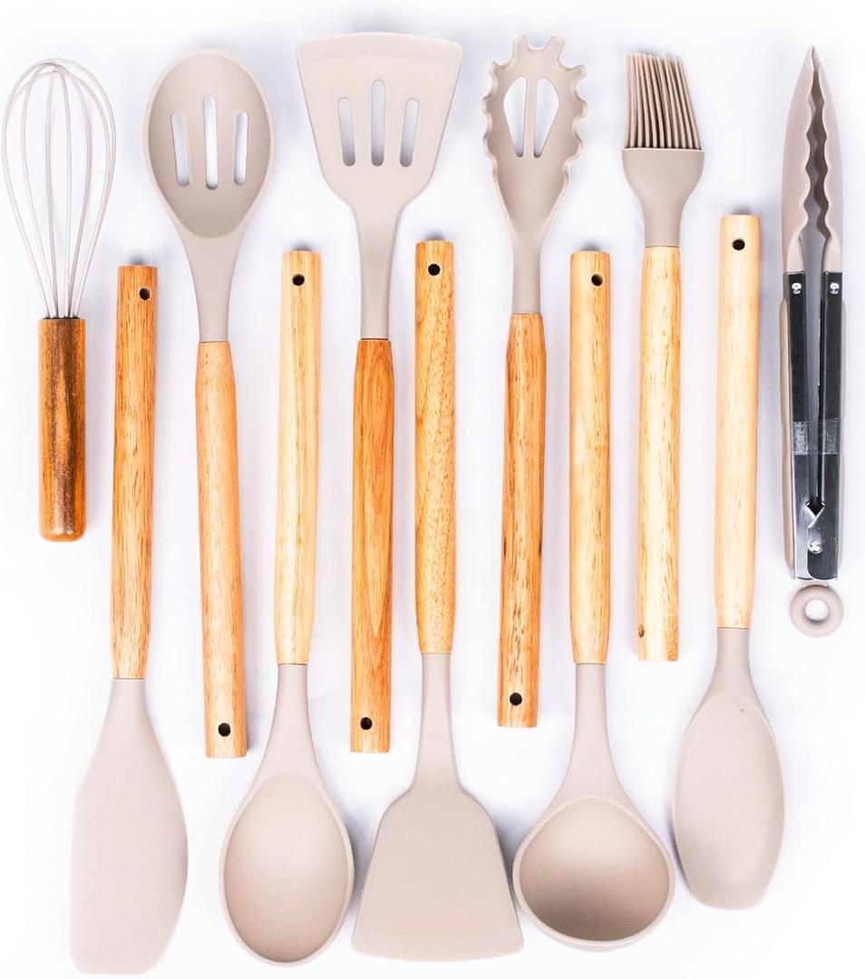 Dusico Silicone Cooking Utensils Set of 12 Pcs with Wood Handles. Heat Resistant Kitchen Utensils for Nonstick Cookware, BPA Free Silicone Spatula Set & Cooking Spoons, Kitchen Gadgets (Beige)