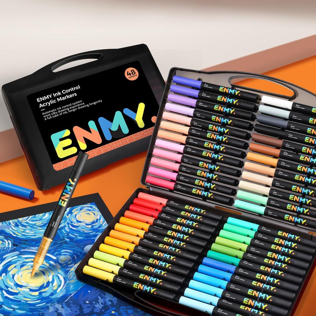 48 Colors Acrylic Paint Pens, Direct Liquid Acrylic Paint Marker Pens, Fabric Markers for Textile, Canvas, Rock, Glass, Wood, Paper, DIY, Acrylic Coloring Markers for DIY Craft Supplies