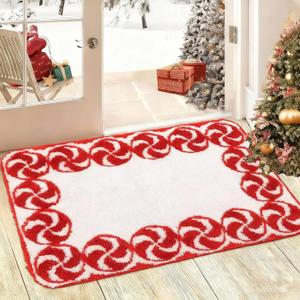 Tinideya 25 x 38 Inches Christmas Bathroom Rugs Decor Candy Cane Red and White Holiday Area Rug Peppermint Swirl Washable Non-Slip Christmas Mat for Tub Living Home Dining Holiday Decor