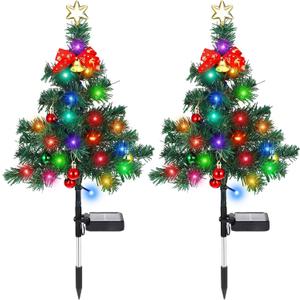Baquler 2 Pcs Solar Christmas Tree Garden Stake Lights Outdoor Christmas Tree Yard Decorations Multicolor Solar Stakes for Pathway Lawn Patio Xmas Ornament (Vibrant Style)