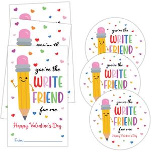 Happy Valentine's Day Sticker for Gift, You're The Write Friend for Me Theme Valentines for School Classroom, 20 Round & 20 Square,Fits for Gift Wrapping and Decoration Supplies (Pencil-1)