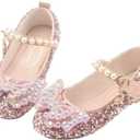 Girls Sparkle Princess Dress Shoes Bow Wedding Party Flower Bridesmaids Mary Jane Ballet Flats for Kid Toddler (Pink)