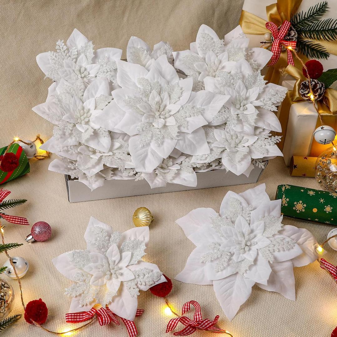 24 Pcs 6"&9" Large Size Poinsettia Artificial Christmas Flowers Decorations for Christmas Tree, Boxed Christmas Ornaments Flowers Glitter Picks for Xmas New Year Decor with Clips&SticksWhite