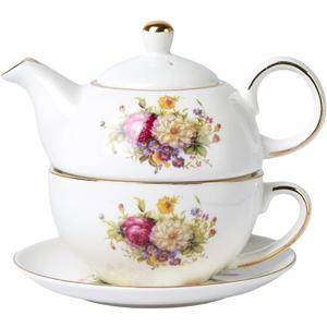 European Porcelain Tea for One, Vintage Floral Teapot and Saucer Set, Gold Trim Floral Teapot, Tea Cup with Saucer Set