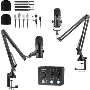 TONOR Podcast Equipment Bundle for 2, Audio Mixer with 2 Dynamic Microphone and 2 Boom Arm Set, XLR Mic with Studio Audio Interface, All-in-One Pack for Podcasting, Recording, Youtube, Tiktok, POD-2