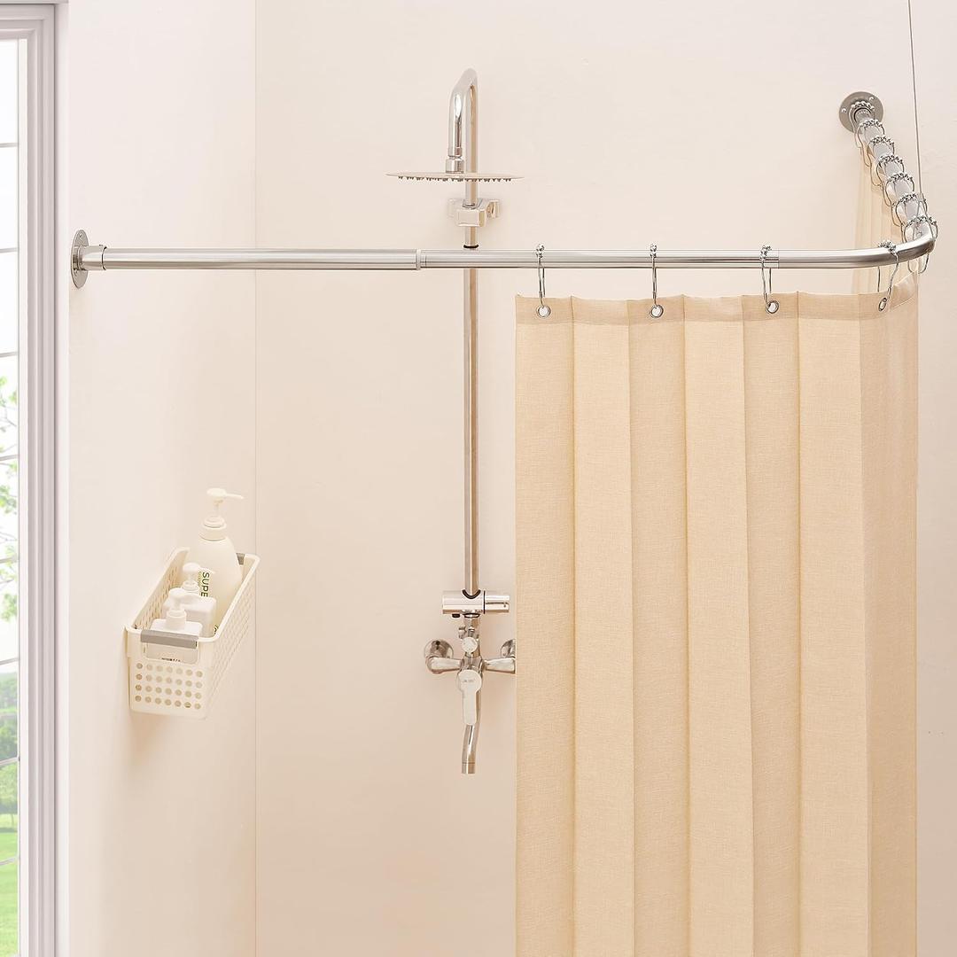 L Shaped Corner Shower Curtain Rod, [39"-67.8"] x [55"-84"] Heavy Duty 90 Degree Adjustable Shower Pole for Bathroom, Bathtub & Outdoor with 12 Hooks & Ceiling Support - Brushed Nickel