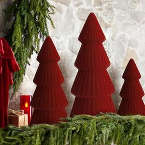 Christmas Decorations - Set of 3 Velvet Ceramic Christmas Trees - Modern Cone Indoor Christmas Decoration Centerpieces for Table Mantel and Living Room Home Decor (Red)