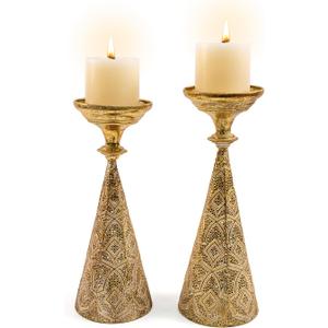 Farmhouse Gold Candle Holders for Pillar Candles, Metal Distressed Set of 2 Retro Flower Design Pillar Candle Stand Dual Use, Can be Vase Table Centerpiece Decor for Fireplace, Living, and Dining Room