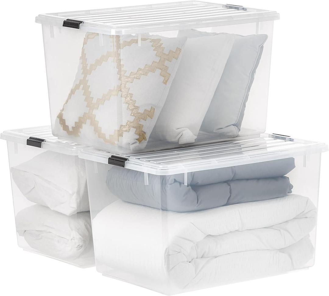 IRIS USA 144 Qt Stackable Plastic Storage Bins with Lids, 3 Pack - BPA-Free, See-Through Organizing Solution, Latches, Durable Nestable Containers, Secure Pull Handle, Made in USA - Clear