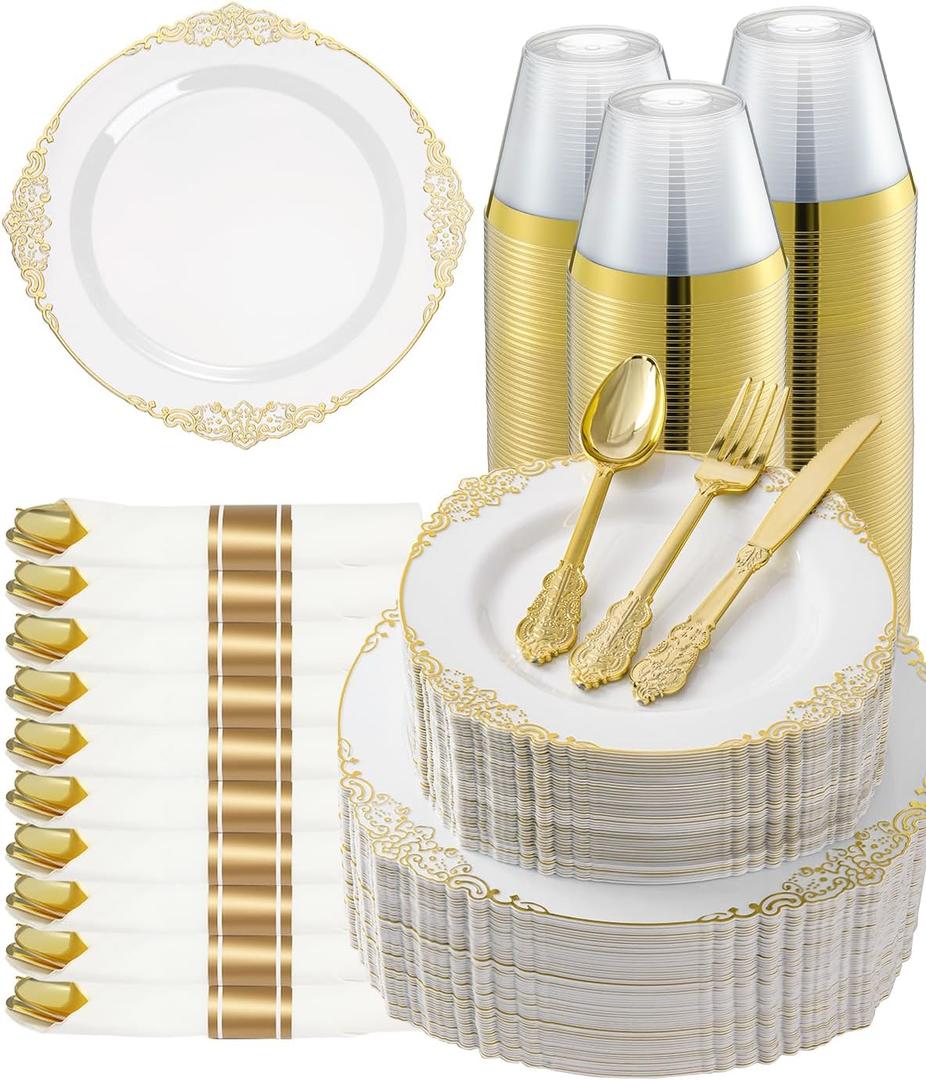 Goodluck 350 Piece Gold Plastic Dinnerware Set for 50 Guests, Fancy Disposable Plates, Include: 100 Gold Rim Plastic Plates, 150 Silverwares, 50 Pre Rolled Napkins, 50 Cups for Party, Wedding