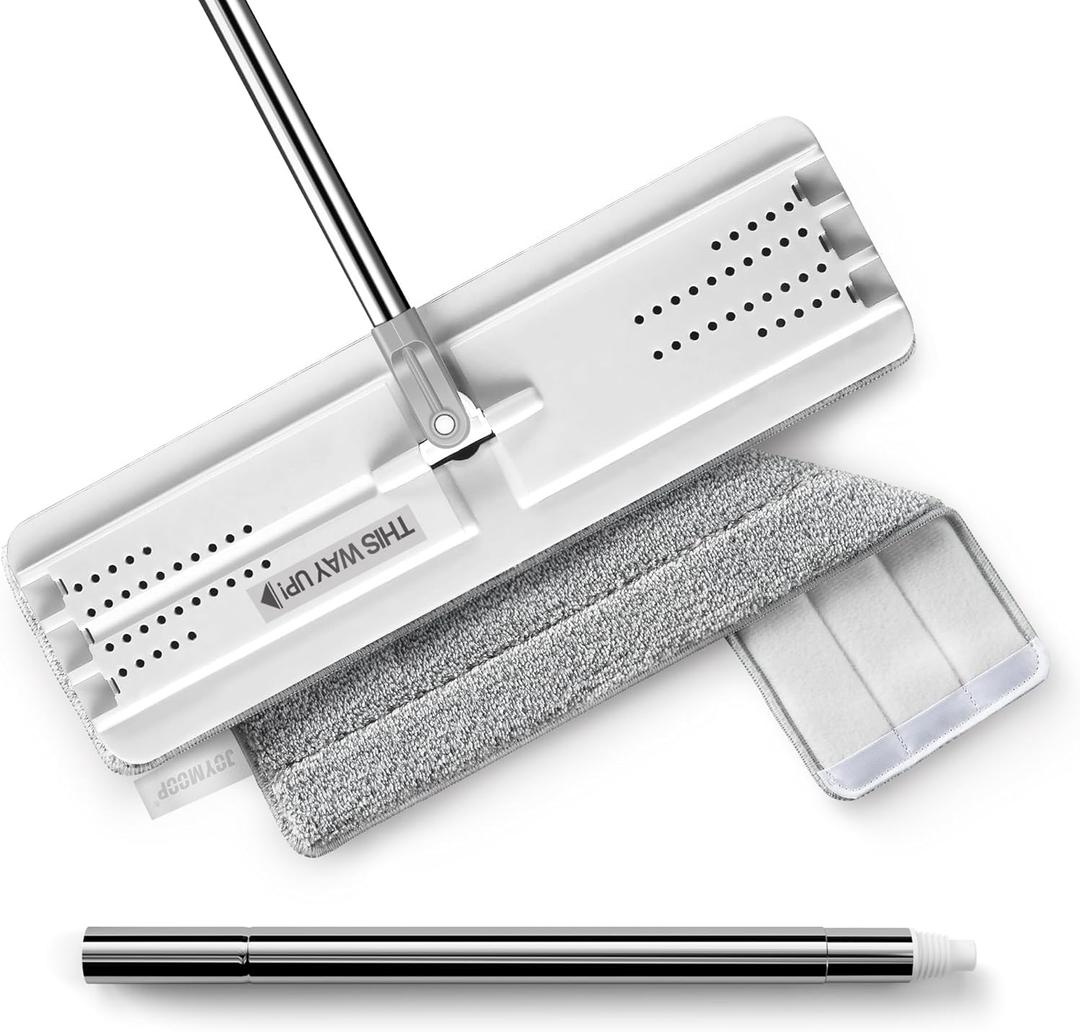 JOYMOOP Flat Mop, Microfiber Floor and Wall Cleaner, 60" Long Handle with 15" Flat Head with a Pad - White