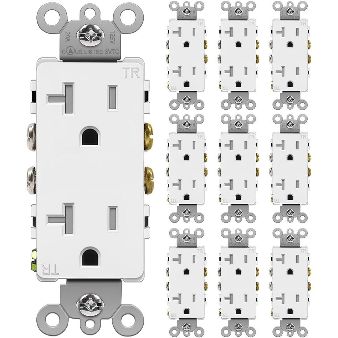 BESTTEN 20 Amp Decorator Wall Receptacle Outlet, Tamper-Resistant, 20A/125V/2500W, Residential & Commercial Use, UL Listed, 10 Pack, White (Wallplate Not Included)