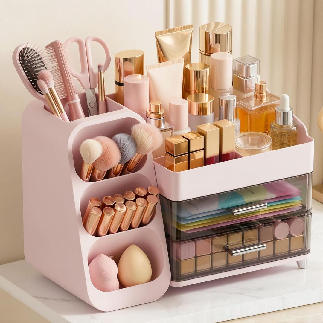 Large Capacity Makeup Organizer Countertop with Makeup Brush Holder for Vanity, Thickened Material, Bathroom Countertop Organizer Skin Care Perfumes Storage, Teen Girl Gifts for 12-23 Yearpink