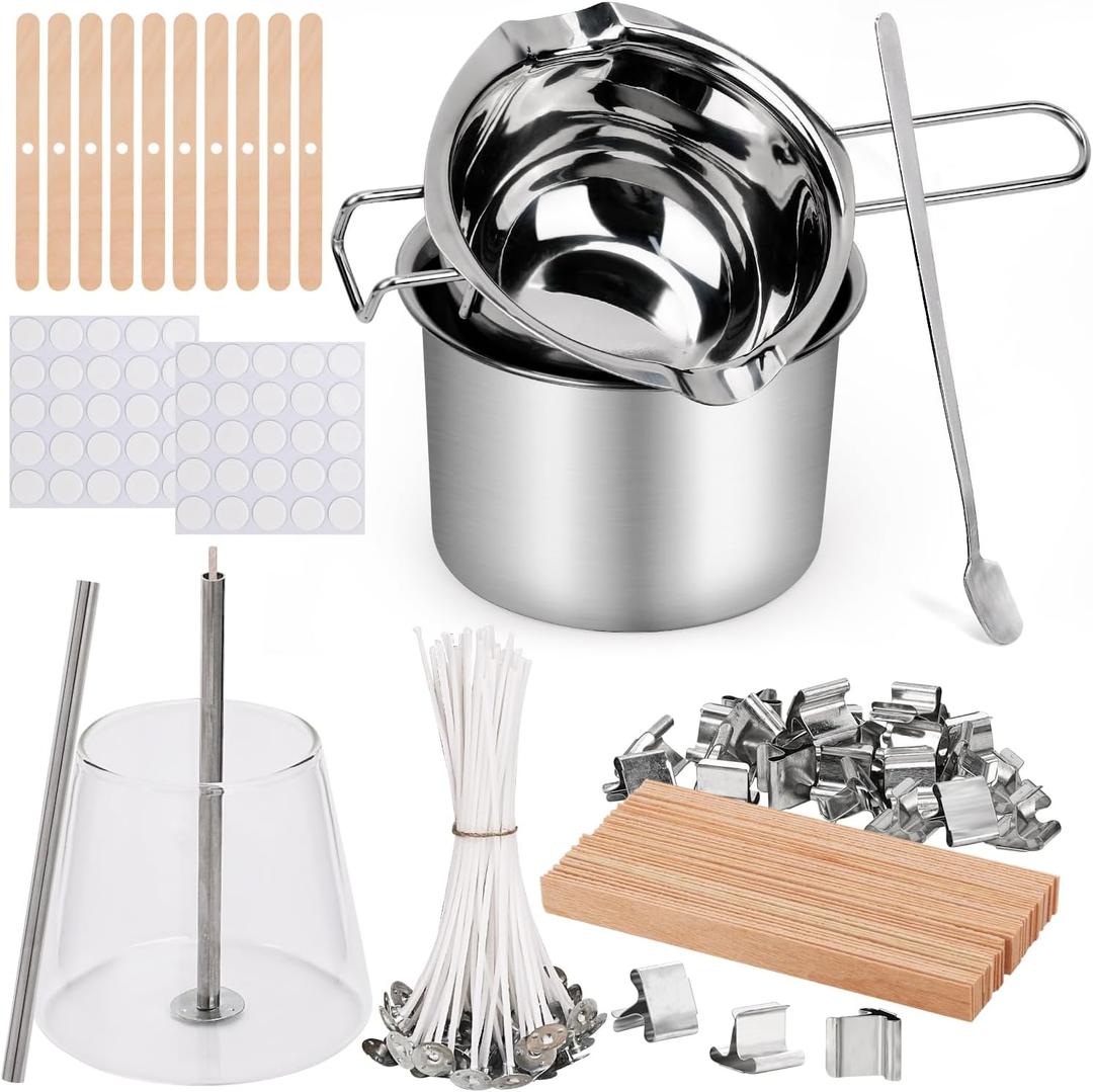 Blingfun Double Boiler Pot Set, Stainless Steel Melting Pot with Candle Wicks, Stickers,Wick Holders,Wick Placing Tube for Soap, Wax, Candle Making (1000ML+450ML)