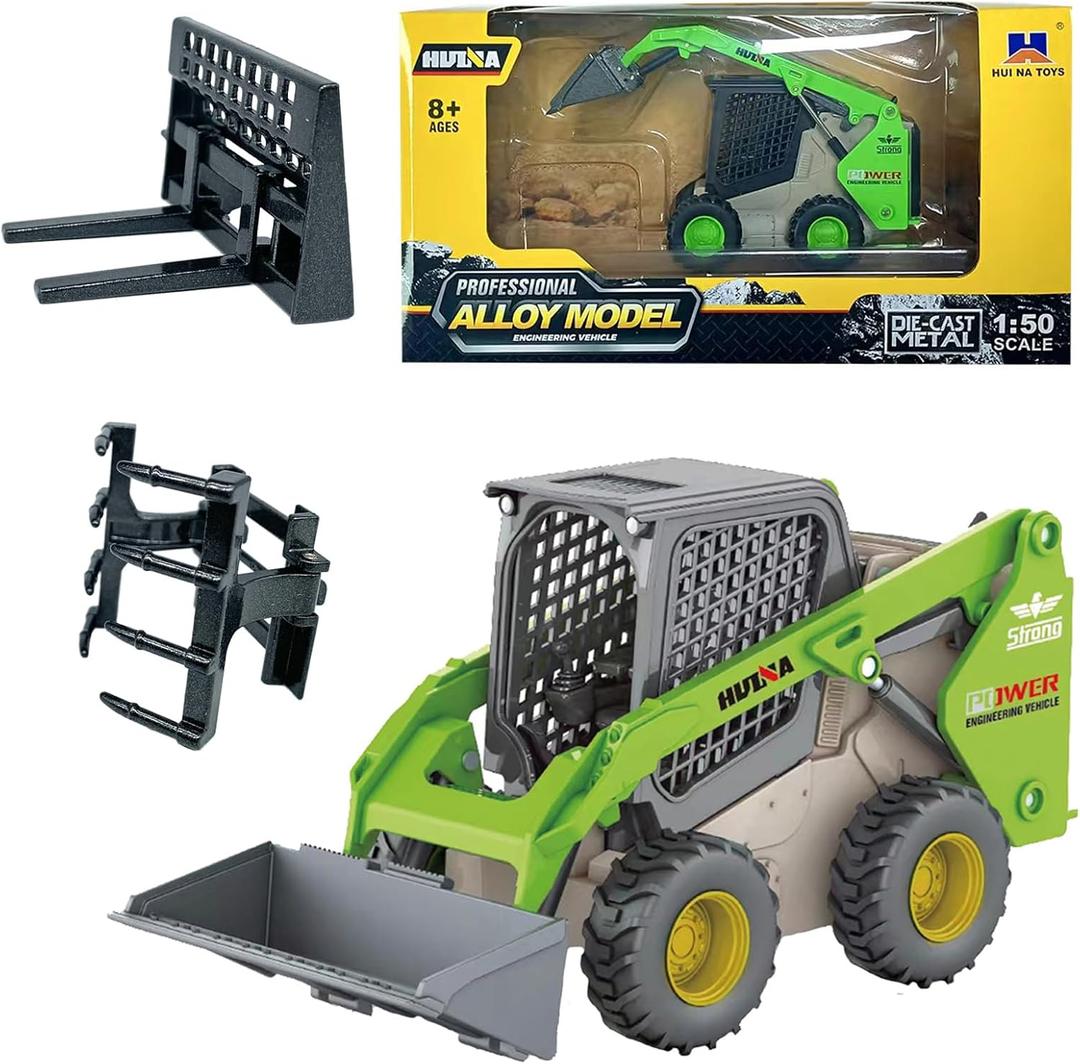 Gemini&Genius Skid Steer Loader Construction Truck 3 in 1 with Metal Forklift and Grab Shovel Construction Vehicle 1/50 Scale Alloy Wheeled Loader Toys for Kids(Wheeled/Green)