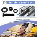 3/8-16 x 4 Hex Head Screws Bolts, Nuts, Flat & Lock Washers, Fully Threaded, Stainless Steel 18-8, Black Finish, 4 Sets