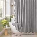 Bathway Modern Scalloped Shower Curtain, Light Gray Linen Textured Shower Curtain Set with 12 Metal Hooks, Neutral Cute Elegant Shower Curtain with Black Border for Bathroom, 72x72 Inches