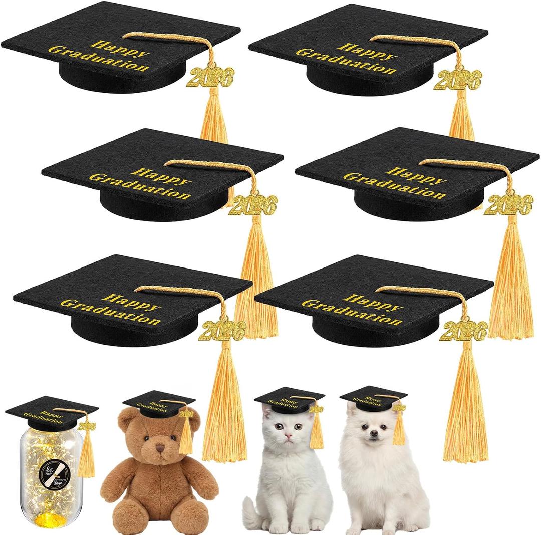 Mimorou 6 Pcs Mini Graduation Caps with 2026 Tassel Plush Mason Jars Small Animal Bachelor Hat for Photo Props Party Supply
